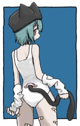 Rule 34 | 1girl, animal ear headwear, animal ears, arm at side, arm warmers, bandaid, bandaid on leg, beanie, bell, black hat, blue background, blue hair, cat tail, cowboy shot, empty eyes, fake animal ears, from behind, hat, holding own tail, jingle bell, looking at viewer, looking back, neck bell, one-piece swimsuit, open mouth, orange eyes, original, profile, school swimsuit, simple background, solo, swimsuit, tail, umi ha kirai, white one-piece swimsuit