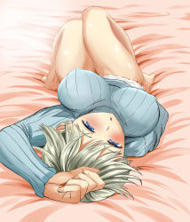 Rule 34 | 10s, 1girl, arm up, bare legs, bed, bed sheet, blonde hair, blue eyes, blush, brave witches, breasts, breasts apart, covered erect nipples, enuhani, highres, knees up, large breasts, legs together, looking at viewer, lying, military, military uniform, nikka edvardine katajainen, no pants, on back, open mouth, ribbed sweater, short hair, solo, sweater, uniform, world witches series