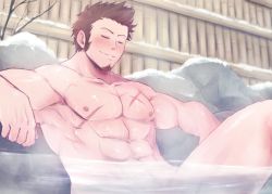 Rule 34 | 1boy, abs, bara, blue eyes, blush, brown hair, bulge, completely nude, cross scar, facial hair, fate/grand order, fate (series), goatee, leg up, long sideburns, male focus, muscular, napoleon bonaparte (fate), navel, nipples, nude, onsen, pectorals, scar, scar on chest, shioren 0, short hair, sideburns, solo, steam, thick thighs, thighs, wet