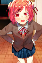 Rule 34 | 1girl, angry, blazer, blue skirt, blurry, blurry background, blush, bob cut, book, bookshelf, breasts, brown sweater vest, classroom, closet, commentary, cowboy shot, depth of field, doki doki literature club, dress shirt, fang, from above, grey jacket, hair ornament, hair ribbon, hands on own hips, highres, jacket, leaning forward, long sleeves, looking at viewer, mizunarisui, natsuki (doki doki literature club), neck ribbon, open mouth, parquet floor, pink eyes, pink hair, pleated skirt, red ribbon, ribbon, school uniform, shirt, short hair, sketch, skin fang, skirt, small breasts, solo, standing, sweater vest, swept bangs, talking, texture, tsundere, two side up, v-shaped eyebrows, white shirt, wooden floor, x hair ornament