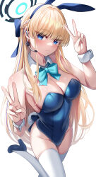 Rule 34 | 1girl, absurdres, animal ears, bare shoulders, blonde hair, blue archive, blue bow, blue eyes, blue hairband, blue leotard, bow, bowtie, braid, breasts, cleavage, closed mouth, detached collar, double v, earpiece, expressionless, fake animal ears, french braid, groin, hairband, halo, hands up, high heels, highleg, highleg leotard, highres, leotard, long hair, medium breasts, microphone, nano (syoutamho), official alternate costume, official alternate hairstyle, playboy bunny, rabbit ears, rabbit tail, standing, standing on one leg, tail, thighhighs, thighs, toki (blue archive), toki (bunny) (blue archive), v, very long hair, white thighhighs, wrist cuffs