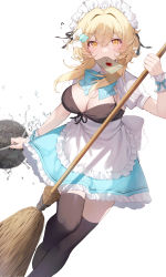 Rule 34 | 1girl, absurdres, alternate costume, apron, bad id, bad pixiv id, black thighhighs, blonde hair, blue dress, blush, breasts, broom, bucket, cleavage, dress, envelope, flower, genshin impact, hair flower, hair ornament, highres, large breasts, looking at viewer, lumine (genshin impact), maid, maid headdress, medium hair, mouth hold, puffy short sleeves, puffy sleeves, short sleeves, shotgunman, sidelocks, solo, thighhighs, thighs, waist apron, water, white apron, wrist cuffs, yellow eyes