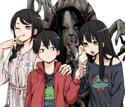Rule 34 | 1boy, 2girls, :&lt;, ;p, black eyes, black hair, brother and sister, collarbone, dress, family, floral print, grey dress, grey shirt, hair ornament, hair over shoulder, hair scrunchie, highres, holding, holding ice cream cone, ice cream cone, izumi (toubun kata), jacket, jewelry, long hair, mieruko-chan, monster, mother and daughter, mother and son, multiple girls, official art, one eye closed, open mouth, red jacket, ring, scrunchie, shirt, short hair, siblings, simple background, tongue, tongue out, upper body, white background, yellow eyes, yellow scrunchie, yotsuya kyousuke, yotsuya miko, yotsuya touko