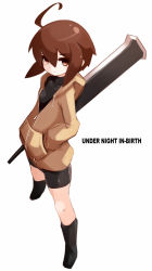 Rule 34 | 1girl, ahoge, bike shorts, boots, breasts, brown eyes, brown hair, expressionless, full body, holding, holding weapon, jacket, karukan (monjya), linne, looking at viewer, petite, short hair, shorts, simple background, standing, sword, under night in-birth, weapon