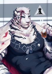 Rule 34 | 1boy, animal ears, arknights, bara, black tank top, blood, blood on clothes, blood on face, chain, chain necklace, covered abs, cup, dog tags, drinking glass, furry, furry male, highres, jewelry, kou (ixkouu), large pectorals, male focus, mountain (arknights), muscular, muscular male, necklace, pants, pectorals, scar, scar across eye, scar on face, shirt, short hair, solo, tank top, tiger boy, tiger ears, tiger stripes, torn clothes, torn shirt, upper body, white fur, white pants, wine glass
