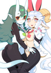 Rule 34 | 2girls, :3, animal ears, animal hands, asymmetrical docking, black pants, blue eyes, blush, breast press, breasts, bright pupils, claws, closed mouth, colored sclera, colored skin, commentary, commission, copyright request, english commentary, eyeshadow, from side, green hair, halphelt, hands up, highres, horns, long hair, long sleeves, looking at viewer, looking to the side, makeup, medium breasts, meme attire, monster girl, multicolored eyes, multiple girls, necktie, pants, pasties, paw pose, pink eyes, pointy ears, rabbit ears, red neckwear, reverse bunnysuit, reverse outfit, shrug (clothing), simple background, skin-covered horns, smile, tail, teeth, upper teeth only, very long hair, white background, white hair, white pupils, white skin, wrist cuffs, yellow sclera