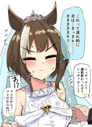 Rule 34 | 1girl, absurdres, alternate costume, animal ears, breasts, bridal veil, brown hair, cheval grand (umamusume), closed eyes, closed mouth, collarbone, commentary request, detached sleeves, dress, gryebooks, hair ornament, highres, horse girl, medium hair, sweat, translation request, umamusume, veil, waiting for kiss, white background
