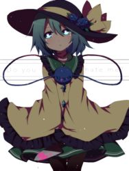Rule 34 | 1girl, aqua eyes, black hat, black pantyhose, blouse, blue flower, blue rose, bow, bright pupils, buttons, commentary request, diamond button, english text, eyeball, flower, frilled shirt collar, frilled sleeves, frills, gradient hair, green hair, green skirt, hair between eyes, hat, hat bow, hat flower, hat ribbon, knife, komeiji koishi, leaf, long sleeves, looking away, medium hair, multicolored hair, pantyhose, ribbon, rose, shirt, skirt, sleeves past wrists, smile, solo, third eye, touhou, wavy hair, white background, white pupils, wide sleeves, yellow bow, yellow ribbon, yellow shirt, you (noanoamoemoe)