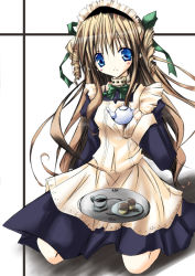 Rule 34 | 1girl, apron, black dress, blonde hair, blue eyes, bow, bowtie, cup, cutlass, cutlass (classic chocolate), dress, drill hair, full body, green bow, green bowtie, holding, kneeling, long hair, long sleeves, looking at viewer, maid, maid apron, on lap, original, saucer, solo, teacup, teapot, tray, very long hair