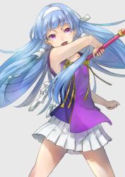 Rule 34 | 1girl, blue hair, kannagi, long hair, migita, nagi, open mouth, purple eyes, simple background, sleeveless, solo