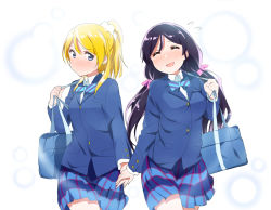 Rule 34 | 10s, 2girls, :d, ^ ^, ayase eli, bad id, bad pixiv id, bag, blazer, blonde hair, blue eyes, blue skirt, blush, bow, bowtie, checkered clothes, checkered skirt, closed eyes, dobasisi, embarrassed, closed eyes, flying sweatdrops, highres, holding hands, jacket, kasa list, long hair, long sleeves, love live!, love live! school idol project, multiple girls, open mouth, ponytail, purple hair, school bag, school uniform, skirt, smile, tojo nozomi, white background, yuri
