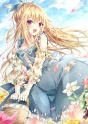 Rule 34 | 1girl, :d, bare shoulders, basket, blonde hair, blue dress, blush, bow, breasts, clothes lift, cloud, cloudy sky, day, detached sleeves, dress, dress lift, floral print, flower, hair ribbon, leg up, long hair, looking at viewer, open mouth, original, red eyes, ribbon, sky, smile, solo, tetsu tissue, white ribbon, yellow bow