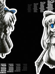 Rule 34 | 2girls, :d, bad deviantart id, bad id, blackmorass, blue eyes, bow, doll, hair bow, hourai doll, monochrome, multiple girls, open mouth, shanghai doll, smile, spot color, touhou, traditional media, weapon