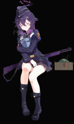 Rule 34 | 1girl, absurdres, badge, black background, blue archive, boots, box, bucket, closed eyes, commentary request, fp6, garrison cap, gong cha, gun, hair between eyes, hair ornament, hairclip, halo, haruka (blue archive), hat, heckler &amp; koch, highres, miniskirt, hugging object, plant, pleated skirt, potted plant, purple hair, shotgun, sitting, skirt, solo, weapon