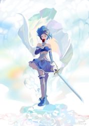 Rule 34 | apple, belt buckle, blue footwear, blue skirt, buckle, cape, covering own mouth, cutlass, detached sleeves, ekubokayo, food, fortissimo, fruit, gloves, hair ornament, highres, holding, holding sword, holding weapon, magical girl, mahou shoujo madoka magica, mahou shoujo madoka magica movie 1 &amp; 2, miki sayaka, musical note, musical note hair ornament, saber (weapon), skirt, solo, sword, tagme, weapon, white cape, white gloves