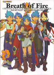Rule 34 | 1990s (style), 5boys, armor, blue eyes, blue hair, boots, breath of fire, breath of fire complete works, breath of fire i, breath of fire ii, breath of fire iii, breath of fire iv, breath of fire v, capcom, cover, cover page, dress, fairy, fairy (breath of fire), gloves, highres, knee boots, multiple boys, official art, retro artstyle, ryuu (breath of fire i), ryuu (breath of fire ii), ryuu (breath of fire iii), ryuu (breath of fire iv), ryuu (breath of fire v), sword, tattoo, weapon, yoshikawa tatsuya