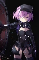 Rule 34 | 1girl, absurdres, black background, black leotard, black thighhighs, breasts, cleavage, fate/grand order, fate (series), hair between eyes, hair over one eye, highres, holding, holding shield, leotard, long hair, mash kyrielight, mash kyrielight (ortenaus), medium breasts, parted lips, perorin, purple eyes, purple hair, shield, short hair, solo, thighhighs