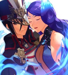 Rule 34 | 2girls, asagi (banzoku210), black hair, black jacket, blue dress, blue fire, blue hair, breasts, brighid (xenoblade), brown eyes, cleavage, closed eyes, closed mouth, dress, fire, hat, highres, jacket, long hair, looking at viewer, medium breasts, military hat, military uniform, morag ladair (xenoblade), multiple girls, open mouth, reverse trap, simple background, uniform, upper body, very long hair, white background, xenoblade chronicles (series), xenoblade chronicles 2
