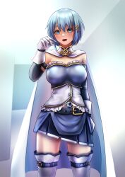 Rule 34 | 1girl, absurdres, alternate breast size, belt, belt buckle, blue belt, blue eyes, blue hair, blue skirt, breasts, buckle, cape, commentary request, cowboy shot, elbow gloves, facing viewer, gloves, hair ornament, hairclip, hand up, high collar, highres, large breasts, magical girl, mahou shoujo madoka magica, miki sayaka, miyakura haruto, open mouth, pleated skirt, short hair, skirt, smile, solo, soul gem, standing, thighhighs, white cape, white gloves, white thighhighs, zettai ryouiki