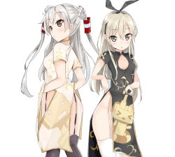 Rule 34 | &gt; &lt;, 10s, 2girls, :&lt;, alternate costume, amatsukaze (kancolle), black legwear, blonde hair, blush, brown eyes, character print, china dress, chinese clothes, cleavage cutout, clothing cutout, commentary request, double bun, dress, closed eyes, garter straps, grey eyes, groin, hair ornament, hair tubes, hairband, kanisaka shizuku, kantai collection, long hair, looking at viewer, looking back, multiple girls, no panties, open mouth, rensouhou-chan, rensouhou-kun, shimakaze (kancolle), silver hair, simple background, thighhighs, two side up, white background, white legwear