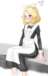 Rule 34 | 1girl, absurdres, alternate costume, apron, black dress, blonde hair, blue eyes, dated, dress, enmaided, feet out of frame, frilled apron, frills, hair ribbon, highres, janus (kancolle), kantai collection, maid, maru (marg0613), parted bangs, ribbon, short hair, simple background, sitting, solo, twitter username, white apron, white background, white legwear