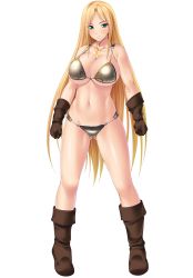 Rule 34 | 1girl, arms at sides, bare arms, bare legs, bikini, bishoujo-darake yume no bouken seikatsu!, blonde hair, blush, boots, breasts, cherry kiss, clenched hand, eyes visible through hair, facing viewer, female focus, full body, game cg, gloves, green eyes, highres, hip focus, huge breasts, impossible clothes, knees, large breasts, long hair, looking at viewer, mahjong strip solitaire, metal bikini, miel (company), navel, pigeon-toed, serious, simple background, solo, sonia yuditto, standing, string bikini, swimsuit, transparent background