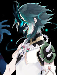 Rule 34 | 1boy, ahoge, arm guards, bare shoulders, bead necklace, beads, black background, black hair, detached sleeves, from side, genshin impact, gloves, glowing, green gloves, green hair, highres, jewelry, kaze kuso, light particles, long hair, male focus, mask, multicolored hair, necklace, shoulder pads, shoulder spikes, simple background, sleeveless, solo, spikes, tassel, xiao (genshin impact)