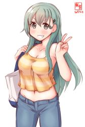Rule 34 | 1girl, alternate costume, aqua hair, artist name, bag, blouse, breasts, casual, cleavage, collarbone, commentary request, cowboy shot, crop top, dated, denim, green eyes, green hair, grin, highres, jeans, kanon (kurogane knights), kantai collection, long hair, looking at viewer, medium breasts, navel, pants, shirt, simple background, sleeveless, sleeveless shirt, smile, solo, spaghetti strap, standing, suzuya (kancolle), v, white background, yellow shirt
