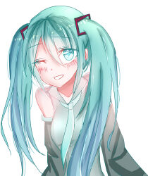 Rule 34 | 1girl, absurdres, blue eyes, blue hair, blush, detached sleeves, hair ornament, hatsune miku, heart, highres, long hair, long sleeves, looking at viewer, miku day, necktie, one eye closed, open mouth, shirt, sleeveless, sleeveless shirt, smile, solo, twintails, variant set, vocaloid, xiaosijiang