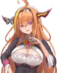 Rule 34 | 1girl, ahoge, bow, breasts, cleavage, cleavage cutout, clothing cutout, diagonal-striped bow, headband, highres, hololive, horn ornament, horns, kiryu coco, kiryu coco (1st costume), liquid, long hair, open mouth, orange hair, pouring, pouring onto self, solo, tachikana, virtual youtuber, white background