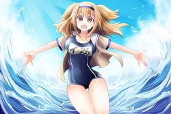 Rule 34 | 10s, 1girl, araragi uminya, breasts, brown eyes, clothes writing, hairband, i-26 (kancolle), kantai collection, large breasts, light brown hair, long hair, name tag, new school swimsuit, one-piece swimsuit, open clothes, open mouth, outstretched arms, sailor collar, school swimsuit, short sleeves, smile, solo, swimsuit, swimsuit under clothes, two-tone hairband, two side up, water, waves