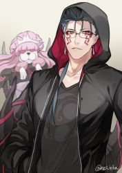 1boy, 2f sq, animalization, beige background, bespectacled, black hoodie, black shirt, blue hair, casual, contemporary, cu chulainn (fate) (all), cu chulainn alter (fate/grand order), dog, earrings, facial mark, fate/grand order, fate (series), glasses, hair over shoulder, hair strand, hand in pocket, heart, heart eyes, hood, hoodie, jewelry, lancer, long hair, looking at viewer, medb (fate), medb (fate) (all), monster boy, poodle, red eyes, shirt, simple background, spikes, tail, tattoo, upper body