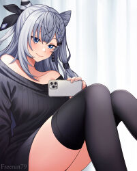 Rule 34 | 1girl, absurdres, artist name, bare shoulders, black ribbon, black sweater, black thighhighs, blue eyes, braid, breasts, cellphone, collarbone, cone hair bun, double bun, dress, freerun79, french braid, grey hair, hair between eyes, hair bun, hair ribbon, highres, holding, holding phone, hololive, hololive indonesia, large breasts, long hair, no bra, off-shoulder sweater, off shoulder, phone, ribbed sweater, ribbon, smartphone, smile, solo, sweater, sweater dress, taking picture, thighhighs, thighs, vestia zeta, virtual youtuber