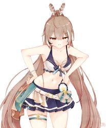 Rule 34 | 1girl, absurdres, alternate costume, angry, belt, bikini, blush, bow, breasts, brown hair, feather hair ornament, hair ornament, hands on own hips, highres, hololive, hololive english, hololive summer 2023 swimsuit, long hair, ma draws, medium breasts, nanashi mumei, navel, pouting, skirt, solo, swimsuit, virtual youtuber, white background, yellow eyes