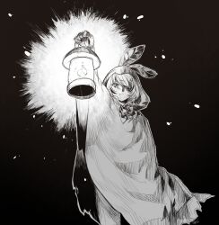Rule 34 | 1girl, cloak, feathers, greyscale, hatching (texture), highres, holding, holding lantern, hololive, hololive english, hood, hood up, hooded cloak, lantern, light, light particles, looking at viewer, monochrome, mumei (song) (hololive), nanashi mumei, open mouth, partially shaded face, ribbon, ryuuen tanaka, virtual youtuber