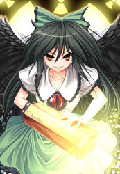 Rule 34 | 1girl, bad id, bad pixiv id, black hair, bow, breasts, cape, cleavage, female focus, glowing, grin, hair bow, long hair, radiation symbol, red eyes, reiuji utsuho, rozea (graphmelt), smile, solo, touhou, very long hair, wings