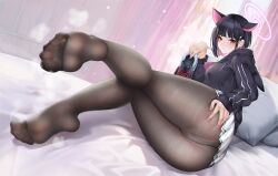 Rule 34 | 1girl, :|, animal ears, ass, ass grab, bed, black hair, black hoodie, black jacket, blue archive, blush, breasts, cat ears, closed mouth, colored inner hair, curtains, expressionless, extra ears, feet, fingernails, foot focus, foreshortening, full body, grabbing own ass, hair ornament, hairclip, halo, highres, holding, holding shoes, hood, hooded jacket, hoodie, indoors, jacket, kamue, kazusa (blue archive), large breasts, legs, long sleeves, looking at viewer, lying, medium breasts, multicolored hair, neckerchief, no shoes, panties, pantyhose, pillow, pink hair, pink halo, pink neckerchief, pleated skirt, presenting foot, red eyes, shoes, short hair, skirt, sneakers, soles, solo, toes, two-tone hair, underwear, unworn shoes, white skirt