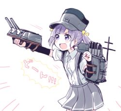Rule 34 | &gt;:d, 10s, 1girl, :d, arm warmers, backpack, bad id, bad pixiv id, bag, cannon, grey skirt, kantai collection, katagiri (mighty swing), machinery, ooshio (kancolle), open mouth, pleated skirt, purple eyes, purple hair, school uniform, shirt, short hair, short sleeves, short twintails, skirt, smile, solo, suspenders, turret, twintails, v-shaped eyebrows, white shirt
