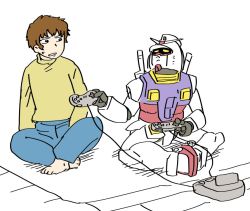 Rule 34 | 1boy, amuro ray, barefoot, blue pants, brown hair, butterfly sitting, commentary request, controller, denim, game cartridge, game console, game controller, gundam, holding, holding controller, indian style, jeans, long sleeves, mecha, mobile suit gundam, on ground, pants, robot, rx-78-2, shirt, short hair, sitting, snes, sweatdrop, turtleneck, weapon, weapon on back, yellow shirt, yoshino norihito