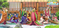 Rule 34 | 6+girls, artist request, character request, copyright name, folding fan, green kimono, hand fan, hibike! euphonium, hisaishi kanade, instrument, instrument request, japanese clothes, kamaya tsubame, katou hazuki, kawashima sapphire, kimono, kousaka reina, logo, multiple girls, music, official art, oumae kumiko, playing instrument, purple kimono, red kimono, second-party source, two-tone kimono