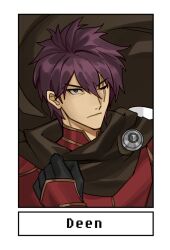 Rule 34 | 1boy, black cape, black gloves, cape, character name, clenched hand, close-up, deen (fire emblem gaiden), fire emblem, fire emblem echoes: shadows of valentia, gloves, looking at viewer, male focus, nintendo, one eye closed, purple hair, red armor, scar, scar on face, short hair, silvercandy gum, solo