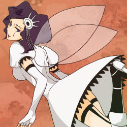 Rule 34 | 1girl, arrancar, bad id, bad pixiv id, bleach, boots, breasts, cirucci sanderwicci, dress, elbow gloves, facial mark, fingerless gloves, gloves, hair ornament, kuro (jerry jell), lipstick, looking back, makeup, open mouth, puffy sleeves, purple eyes, purple hair, short hair, short twintails, sideboob, solo, thigh strap, thighhighs, twintails, wavy hair, white dress, white gloves, wings