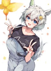 Rule 34 | 1girl, :d, absurdres, black shirt, blue eyes, bug, butterfly, double v, ear covers, flower, grey hair, hair flower, hair ornament, hairclip, highres, horse girl, insect, looking at viewer, misoni (mi so ni t), open mouth, overalls, overalls pull, seiun sky (umamusume), shirt, short hair, short sleeves, single ear cover, smile, solo, sunflower, sunflower hair ornament, suspenders pull, t-shirt, umamusume, v