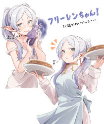 Rule 34 | 1girl, apron, bare shoulders, blue apron, blush, bottle, collarbone, commentary, cowboy shot, earrings, eitopondo, elf, frieren, gradient hair, green eyes, grey hair, holding, holding bottle, holding plate, jewelry, long hair, long sleeves, looking at viewer, multicolored hair, musical note, off shoulder, open mouth, partially translated, plate, pointy ears, purple hair, sidelocks, sousou no frieren, spoken musical note, translation request, twintails, upper body