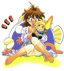 Rule 34 | 1990s (style), 1girl, araizumi rui, barefoot, blush, casual, character doll, doll, feet, fish, fishpeople, flaming sword, flaming weapon, full body, gourry gabriev, hug, jpeg artifacts, lina inverse, notice lines, retro artstyle, slayers, solo, tagme