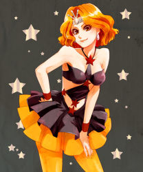 Rule 34 | 1990s (style), 1girl, bad id, bad pixiv id, bishoujo senshi sailor moon, bishoujo senshi sailor moon s, brown eyes, dress, earrings, grey background, hand on own hip, hip focus, jewelry, marii, midriff, mimete (sailor moon), orange hair, orange pantyhose, orange skirt, pantyhose, parted bangs, retro artstyle, short hair, simple background, skirt, smile, solo, star (symbol), tiara, tutu, witches 5, wrist cuffs, yellow eyes