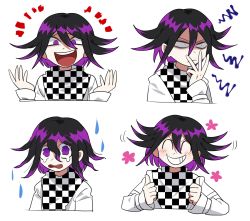 Rule 34 | 1boy, :d, black hair, checkered background, checkered clothes, checkered kimono, checkered neckwear, checkered scarf, commentary request, constricted pupils, cropped torso, danganronpa (series), danganronpa v3: killing harmony, expression chart, floral print, furukawa (yomawari), grin, hair between eyes, hands up, highres, jacket, japanese clothes, kimono, long sleeves, looking at viewer, male focus, open mouth, oma kokichi, purple eyes, purple hair, scarf, short hair, simple background, smile, straitjacket, tearing up, tears, teeth, unmoving pattern, upper body, upper teeth only, white background, wide-eyed