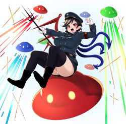 Rule 34 | 1girl, armband, asymmetrical wings, black footwear, black hair, black thighhighs, blue wings, boots, breasts, buttons, commentary request, ear piercing, fang, flower, gloves, hair between eyes, hat, headwear request, highres, holding, holding polearm, holding weapon, houjuu nue, large breasts, laser, military, military hat, military uniform, miniskirt, oozon (ozon), panties, pantyshot, piercing, plump, pointy ears, polearm, red eyes, red wings, short hair, sitting, sitting on object, skirt, solo, sparkle, star (symbol), thick thighs, thighhighs, thighs, touhou, trident, ufo, underwear, uniform, weapon, white flower, white gloves, white panties, wings, zettai ryouiki