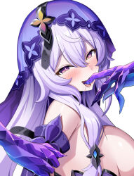Rule 34 | 1girl, bare shoulders, black swan (honkai: star rail), breasts, commentary, highres, hiroki (hirokiart), honkai: star rail, honkai (series), large breasts, long hair, looking at viewer, open mouth, purple eyes, purple hair, simple background, unfinished, upper body, veil, very long hair, white background