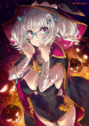 Rule 34 | 1girl, aqua nails, artist name, bandaged arm, bandages, blush, breasts, cape, cleavage, commentary request, unworn eyewear, glasses, hair ornament, hairclip, halloween costume, hat, highres, holding, holding removed eyewear, large breasts, leotard, nail polish, original, pumpkin, red eyes, short twintails, sidelocks, standing, super zombie, twintails, wavy mouth, white hair, white legwear, witch hat
